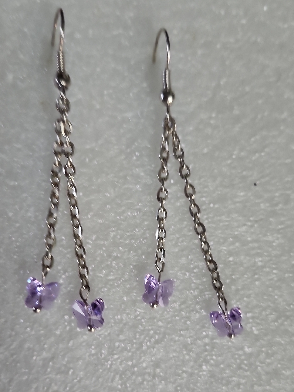 Shiny Silver Drop Earrings with Lavender Butterfly Charms